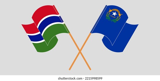 Crossed and waving flags of the Gambia and The State of Nevada. Vector illustration
