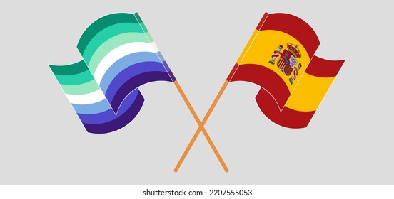 Crossed and waving flags of gay men pride and Spain. Vector illustration
