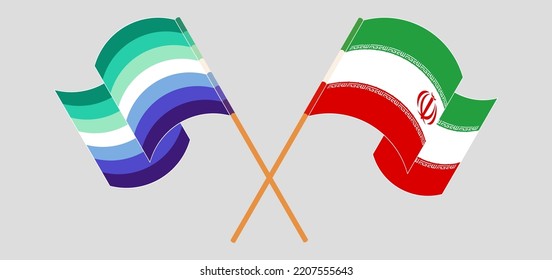 Crossed and waving flags of gay men pride and Iran. Vector illustration
