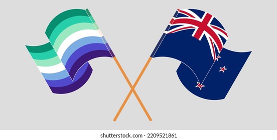 Crossed and waving flags of gay men pride and New Zealand. Vector illustration
