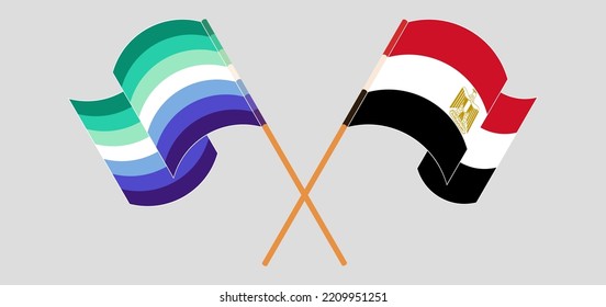 Crossed and waving flags of gay men pride and Egypt. Vector illustration
