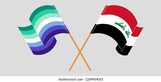 Crossed and waving flags of gay men pride and Iraq. Vector illustration
