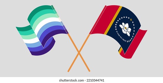 Crossed and waving flags of gay men pride and The State of Mississippi. Vector illustration
