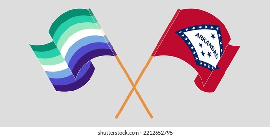 Crossed And Waving Flags Of Gay Men Pride And The State Of Arkansas. Vector Illustration
