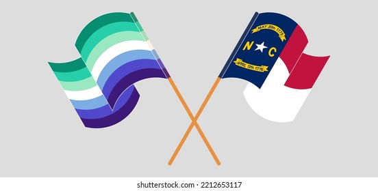 Crossed and waving flags of gay men pride and The State of North Carolina. Vector illustration
