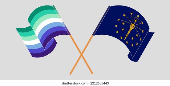 Crossed And Waving Flags Of Gay Men Pride And The State Of Indiana. Vector Illustration
