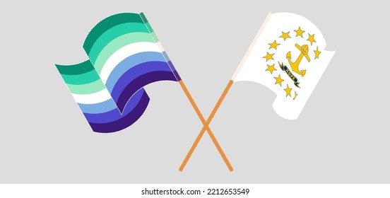 Crossed And Waving Flags Of Gay Men Pride And The State Of Rhode Island. Vector Illustration
