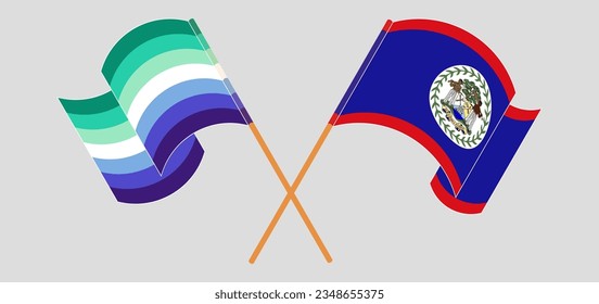 Crossed and waving flags of gay men pride and Belize. Vector illustration
