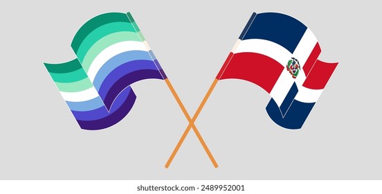 Crossed and waving flags of gay men pride and Dominican Republic. Vector illustration
