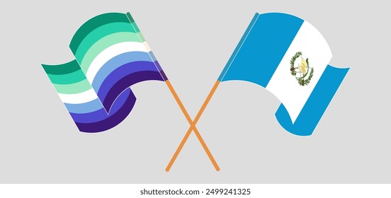 Crossed and waving flags of gay men pride and Republic of Guatemala. Vector illustration
