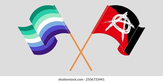 Crossed and waving flags of gay men pride and Anarchy. Vector illustration
