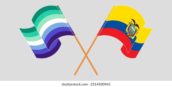 Crossed and waving flags of gay men pride and Republic of Ecuador. Vector illustration.
