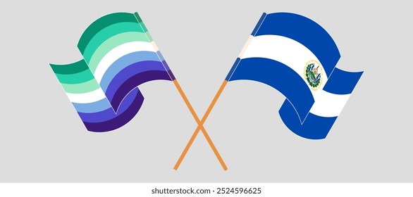 Crossed and waving flags of gay men pride and Republic of El Salvador. Vector illustration.
