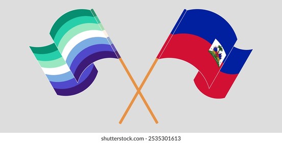 Crossed and waving flags of gay men pride and Republic of Haiti. Vector illustration.
