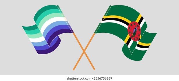 Crossed and waving flags of gay men pride and Dominica. Vector illustration.
