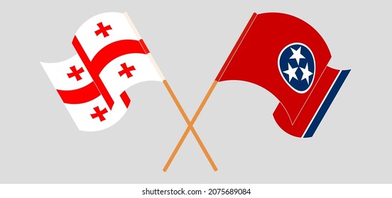 Crossed and waving flags of Georgia and The State of Tennessee. Vector illustration
