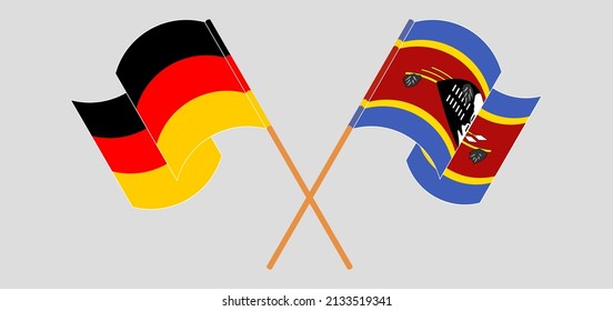 Crossed and waving flags of Germany and Eswatini. Vector illustration
