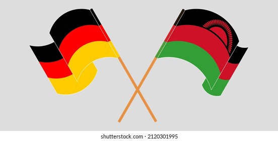 Crossed and waving flags of Germany and Malawi. Vector illustration