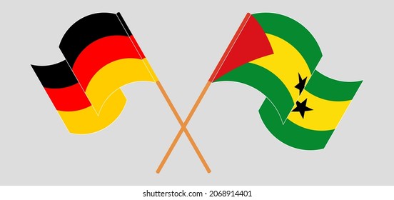 Crossed and waving flags of Germany and Sao Tome and Principe. Official colors. Correct proportion