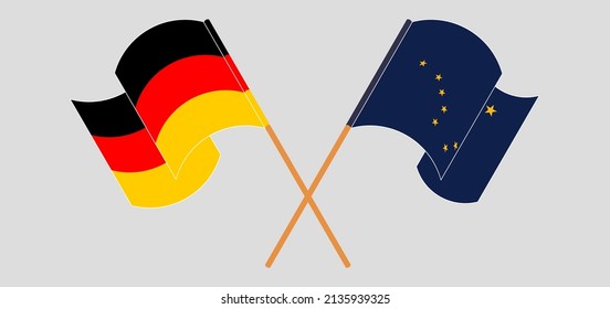 Überquerte und wehende Flaggen von Deutschland und dem Staat Alaska. Vektorgrafik
