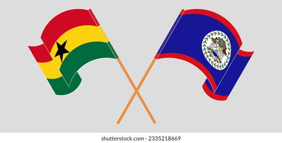 Überquerte und schwellende Flaggen von Ghana und Belize. Vektorgrafik
