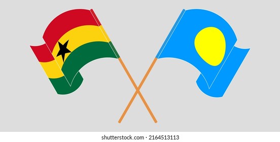 Crossed and waving flags of Ghana and Palau. Vector illustration
