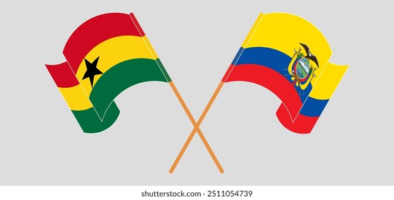 Bandeiras cruzadas e acenando do Gana e da República do Equador. Ilustração vetorial
