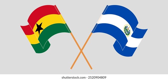 Gekreuzte und wehende Flaggen von Ghana und der Republik El Salvador. Vektorgrafik.
