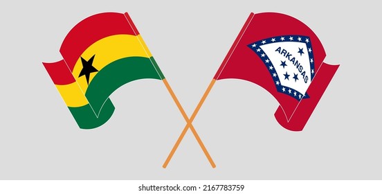 Überquerte und schwellende Flaggen Ghanas und des Staates Arkansas. Vektorgrafik

