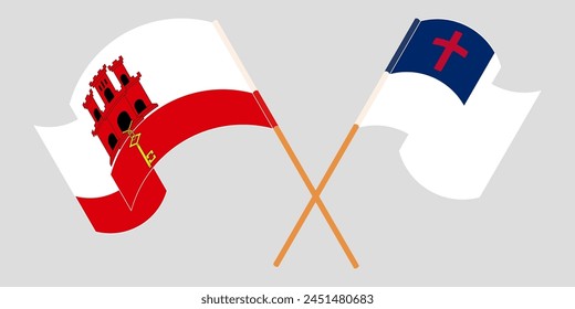 Crossed and waving flags of Gibraltar and christianity. Vector illustration
