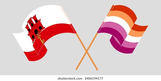 Crossed and waving flags of Gibraltar and Lesbian Pride. Vector illustration
