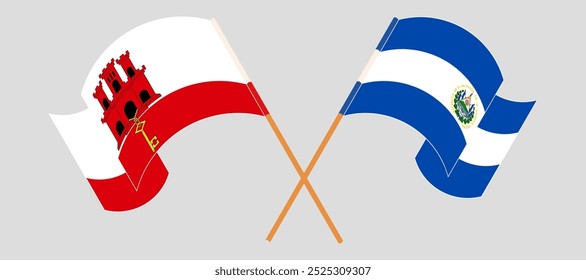 Crossed and waving flags of Gibraltar and Republic of El Salvador. Vector illustration.
