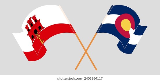 Crossed and waving flags of Gibraltar and The State of Colorado. Vector illustration
