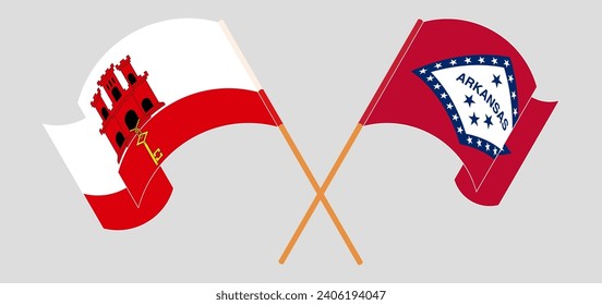 Crossed and waving flags of Gibraltar and The State of Arkansas. Vector illustration
