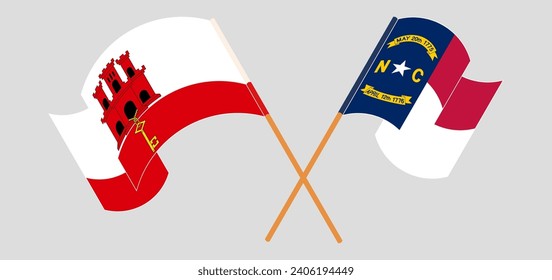 Crossed and waving flags of Gibraltar and The State of North Carolina. Vector illustration
