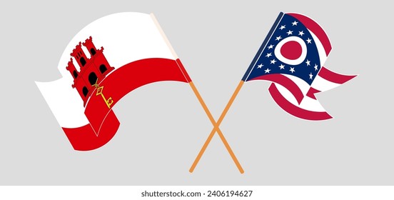 Crossed and waving flags of Gibraltar and the State of Ohio. Vector illustration
