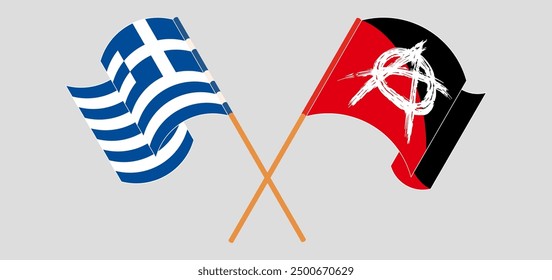 Crossed and waving flags of Greece and Anarchy. Vector illustration
