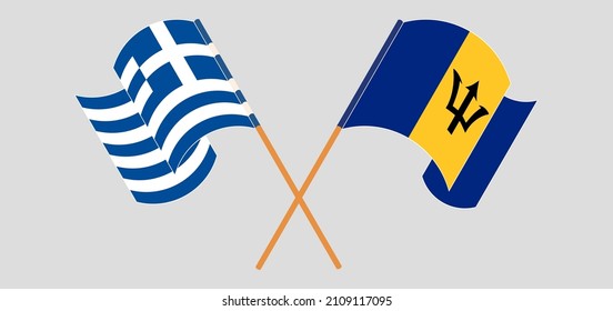 Crossed and waving flags of Greece and Barbados. Vector illustration
