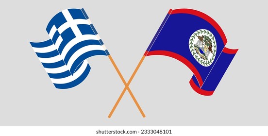 Crossed and waving flags of Greece and Belize. Vector illustration

