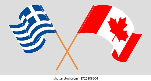 Banderas cruzadas y ondeando banderas de Grecia y Canadá