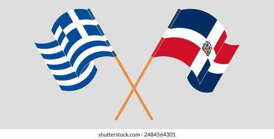 Crossed and waving flags of Greece and Dominican Republic. Vector illustration
