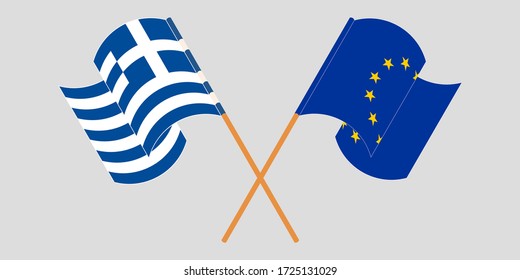 Crossed and waving flags of Greece and the EU