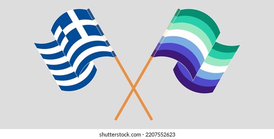 Crossed and waving flags of Greece and gay men pride. Vector illustration
