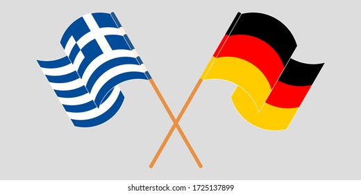 Banderas cruzadas y ondeando banderas de Grecia y Alemania