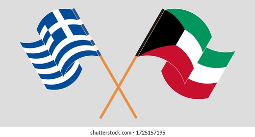 Crossed and waving flags of Greece and Kuwait