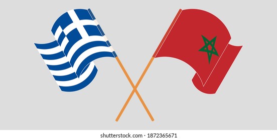Crossed and waving flags of Greece and Morocco