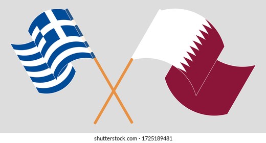 Crossed and waving flags of Greece and Qatar