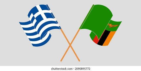 Crossed and waving flags of Greece and Republic of Zambia