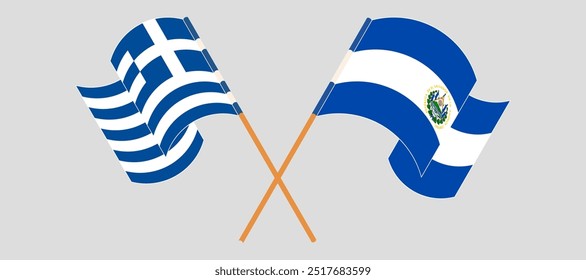 Bandeiras cruzadas e acenando da Grécia e da República de El Salvador. Ilustração vetorial.
