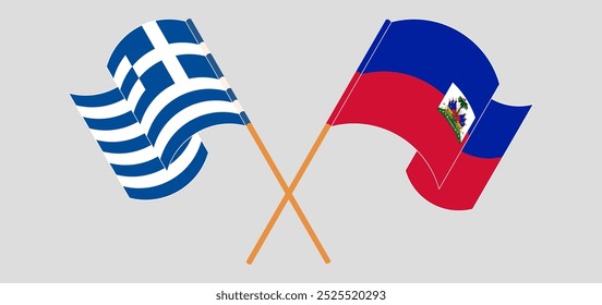 Banderas cruzadas y ondeando de Grecia y la República de Haití. Ilustración vectorial.
